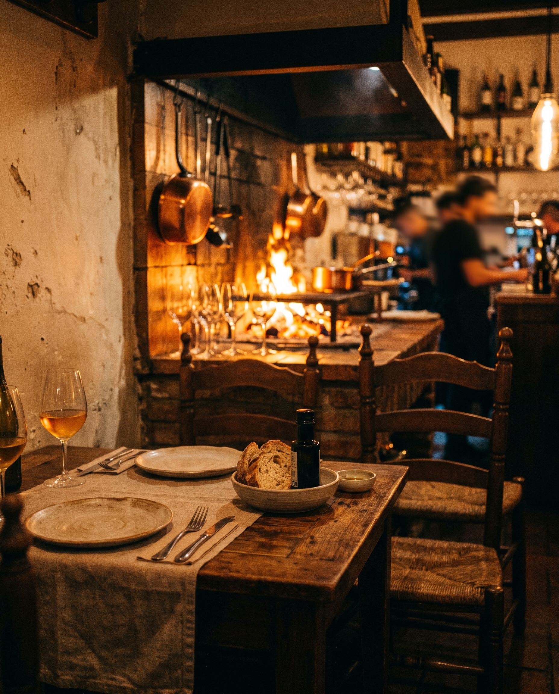 Ambient il·lustratiu de restaurant amb brasa i taula parada — imatge generada amb IA (Gemini), no és El mini nou.
