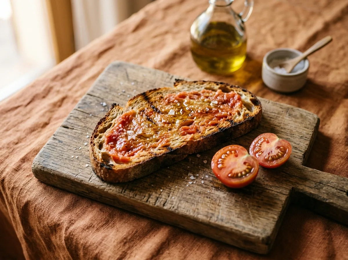 Pa amb tomàquet rústic torrat amb tomàquet madur, oli i sal sobre una taula de fusta vella, llum natural daurada.