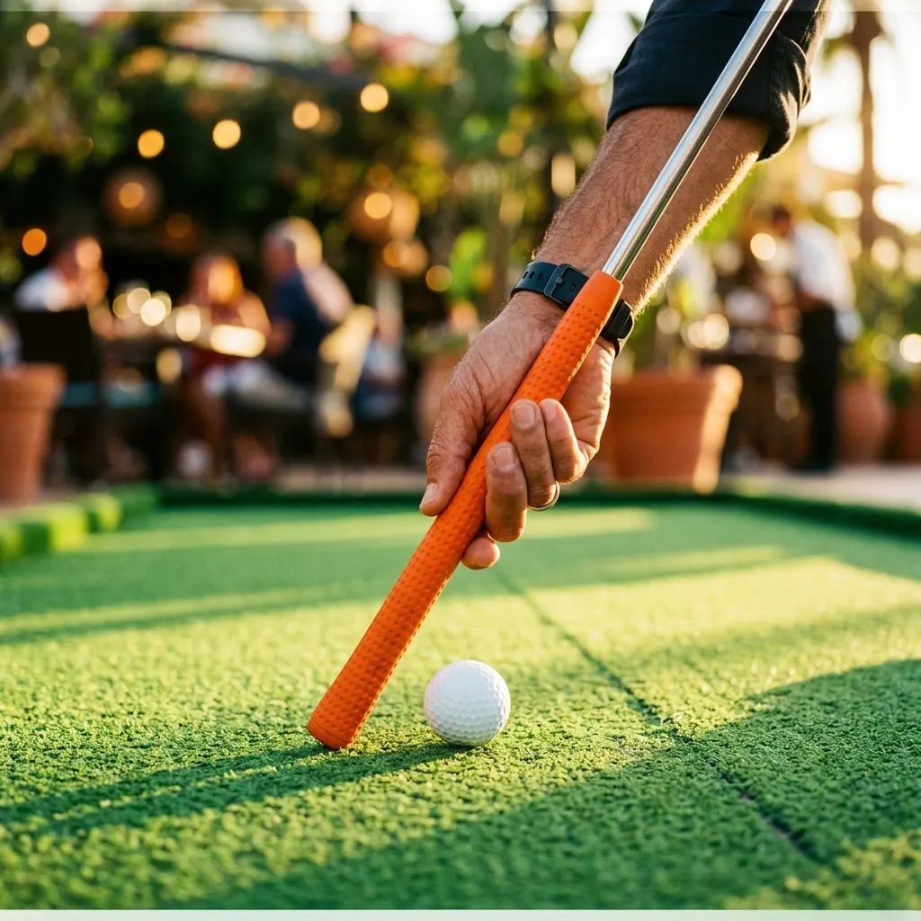 Mà sostenint un pal de minigolf taronja a punt de copejar la pilota.